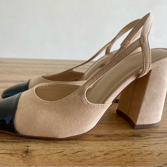 Beige & Black Cap Toe Slingback Heels | Size 8.5 | Block Heel | - Picture 3 of 6